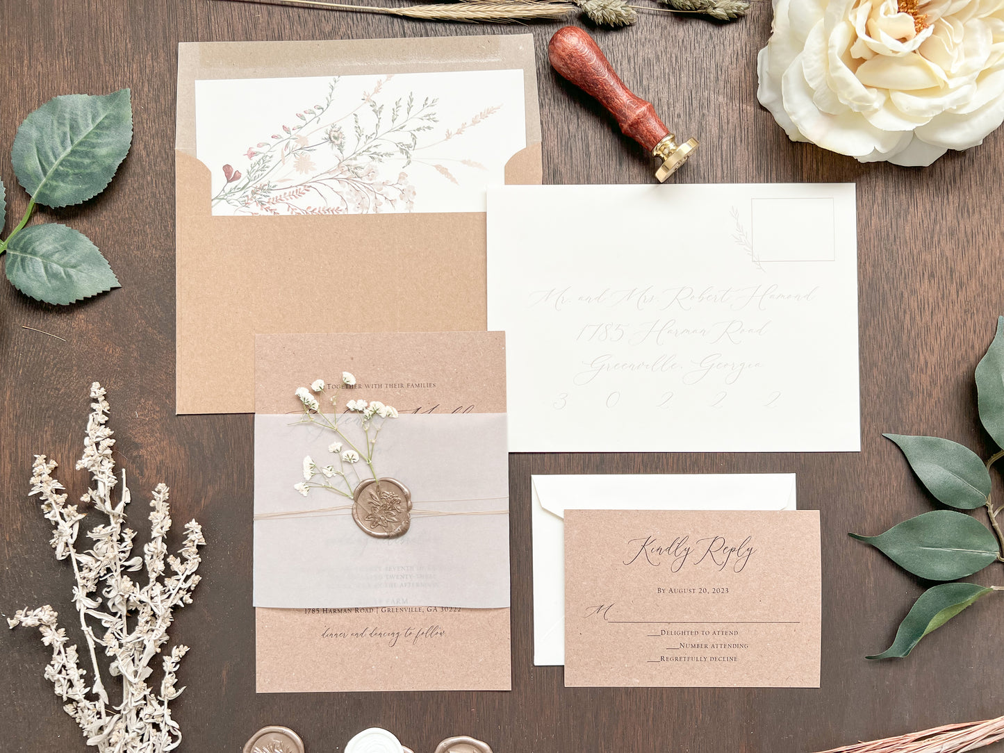 Rustic Kraft Baby’s Breath Wedding Invitation with Vellum Belly Band and Wax Seal