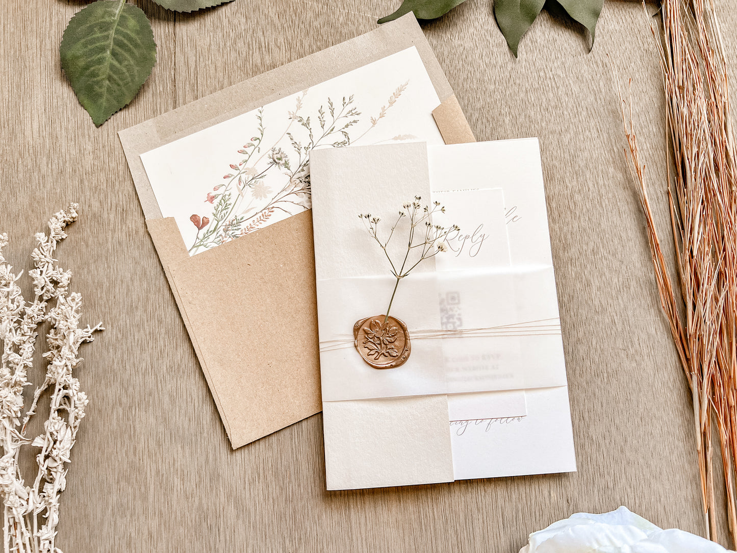 Elegant Beige & Ivory Wedding Invitation with Baby’s Breath