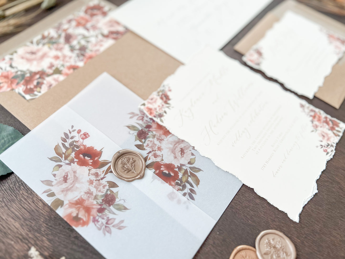 Copper & Rust Foliage Boho Wedding Invitation with Deckled Edging, Vellum & Wax Seal
