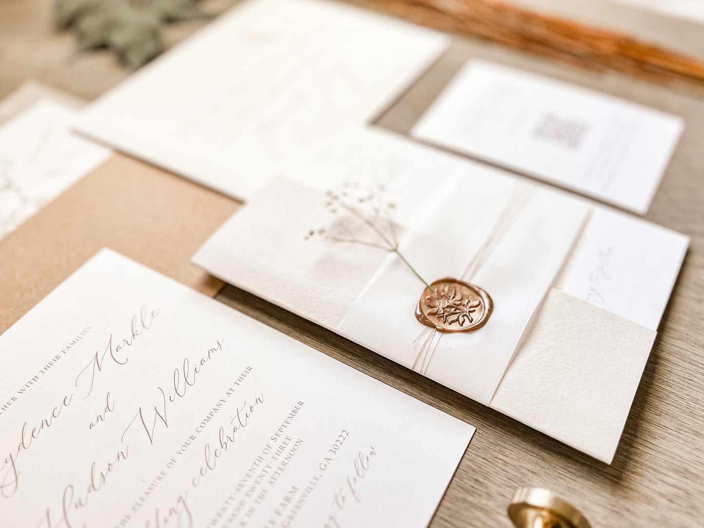Elegant Beige & Ivory Wedding Invitation with Baby’s Breath
