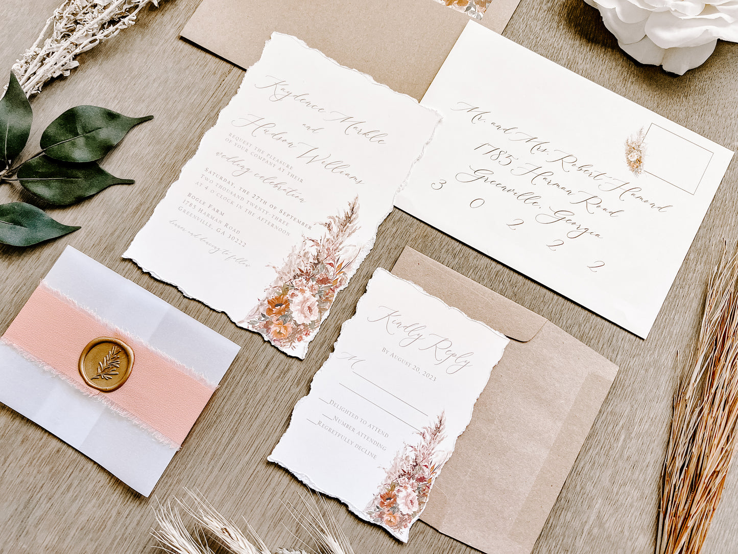 Rose Gold Wedding Invitation with Pampas Grass, Terracotta Beige Florals, Deckled Edging, Vellum Belly Band, Chiffon Ribbon and Wax Seal