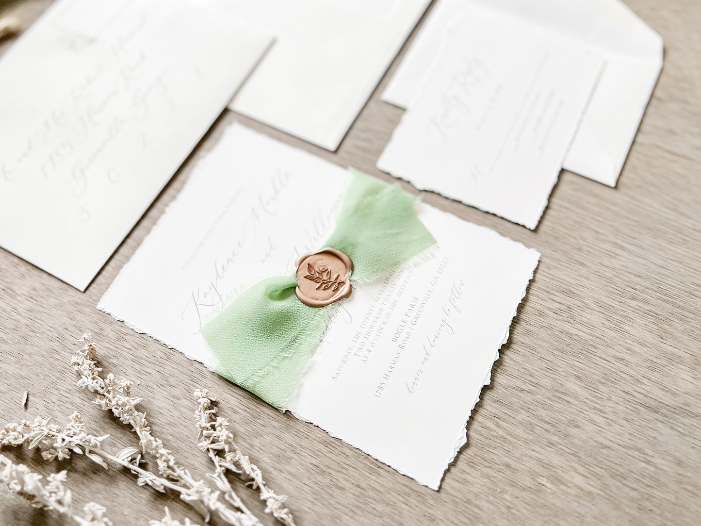 Sage Green Ribbon Wedding Invitation with Deckled Edging, Chiffon Ribbon & Antique Gold Wax Seal