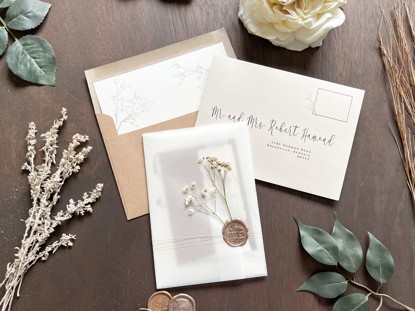 Baby’s Breath Wedding Invitation with Deckled Edging, Vellum Wrap and Wax Seal