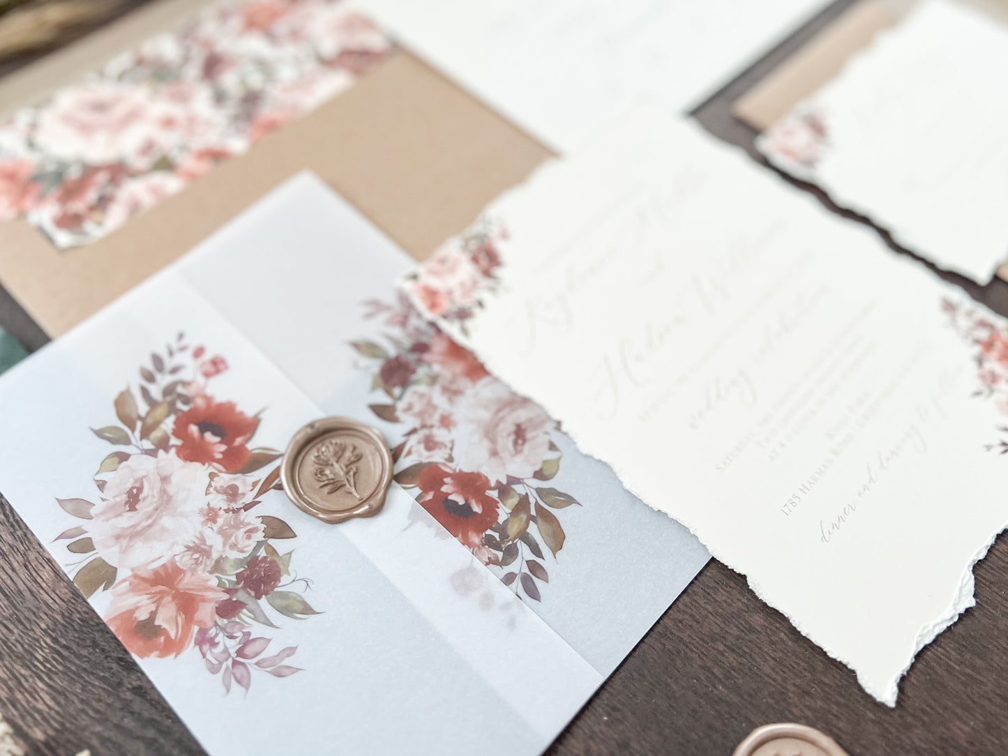 Copper & Rust Foliage Boho Wedding Invitation with Deckled Edging, Vellum & Wax Seal