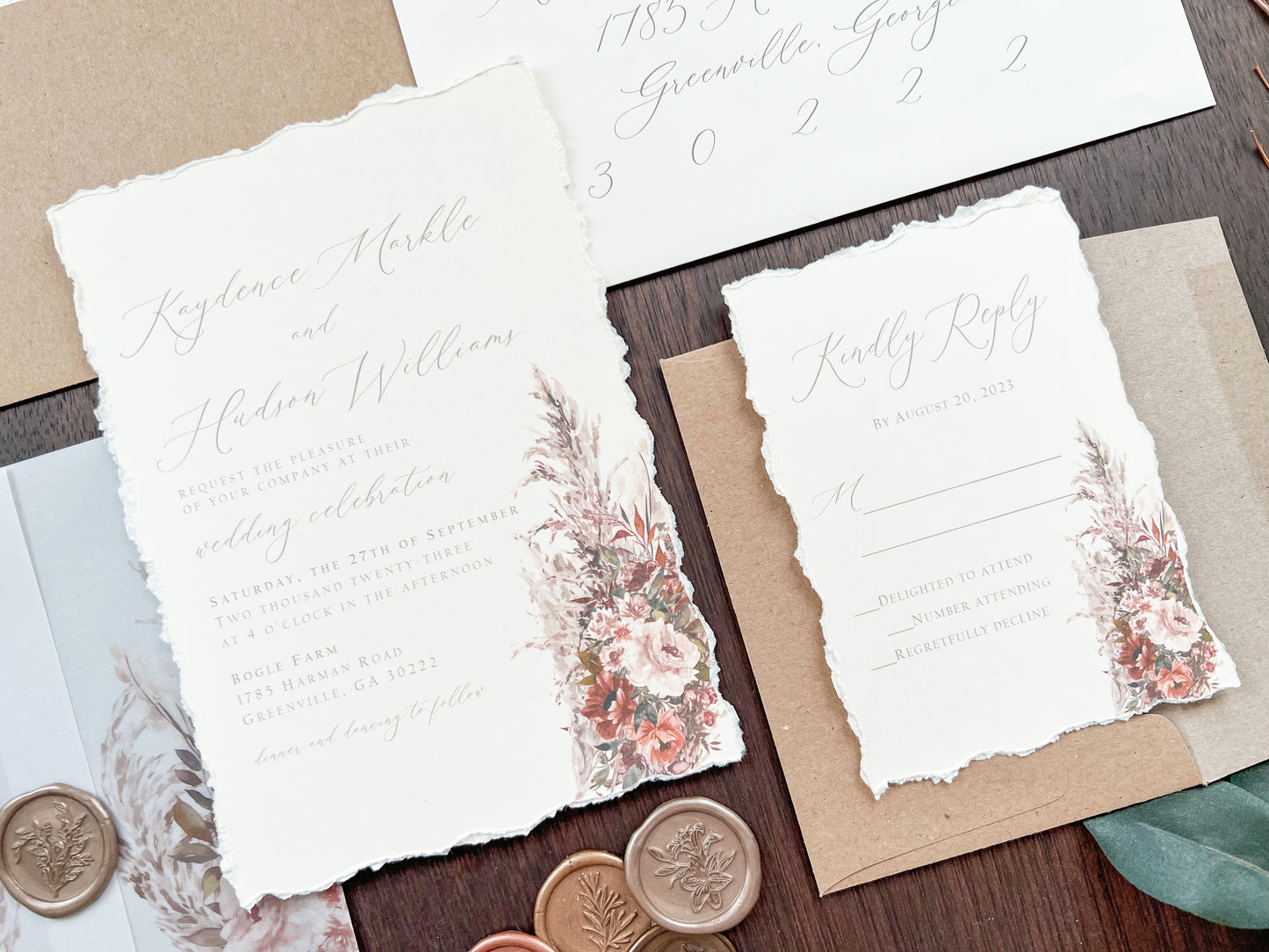 Pampas & Copper Foliage Boho Wedding Invitation with Deckled Edging, Vellum & Wax Seal