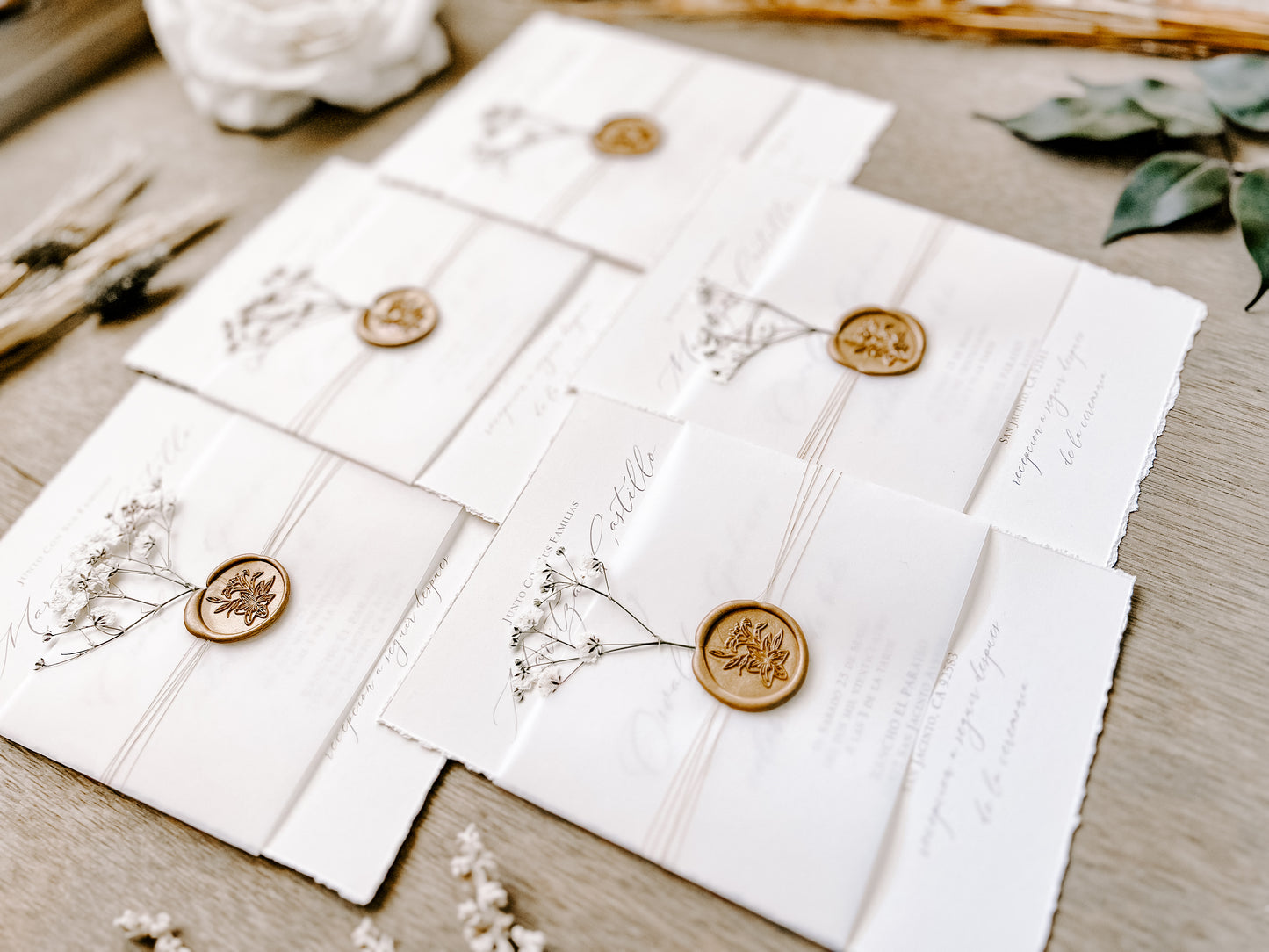 Vintage Ivory Baby’s Breath Wedding Invitation with Deckled Edging, Vellum Belly Band and Wax Seal