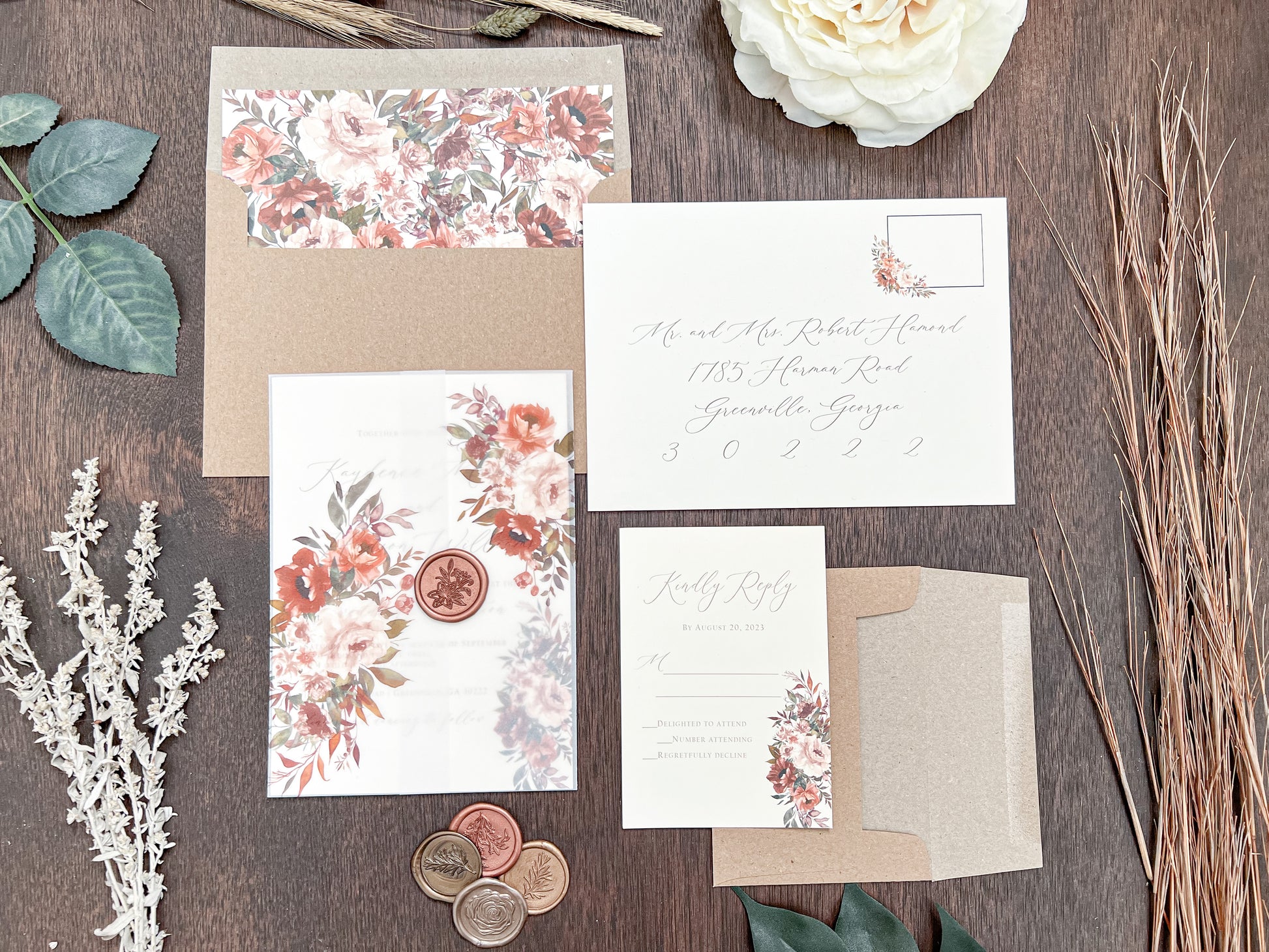 Copper Boho Wedding Invitation with Burnt Orange, Terracotta & Blush Flowers, wrapped in Vellum & Wax Seal