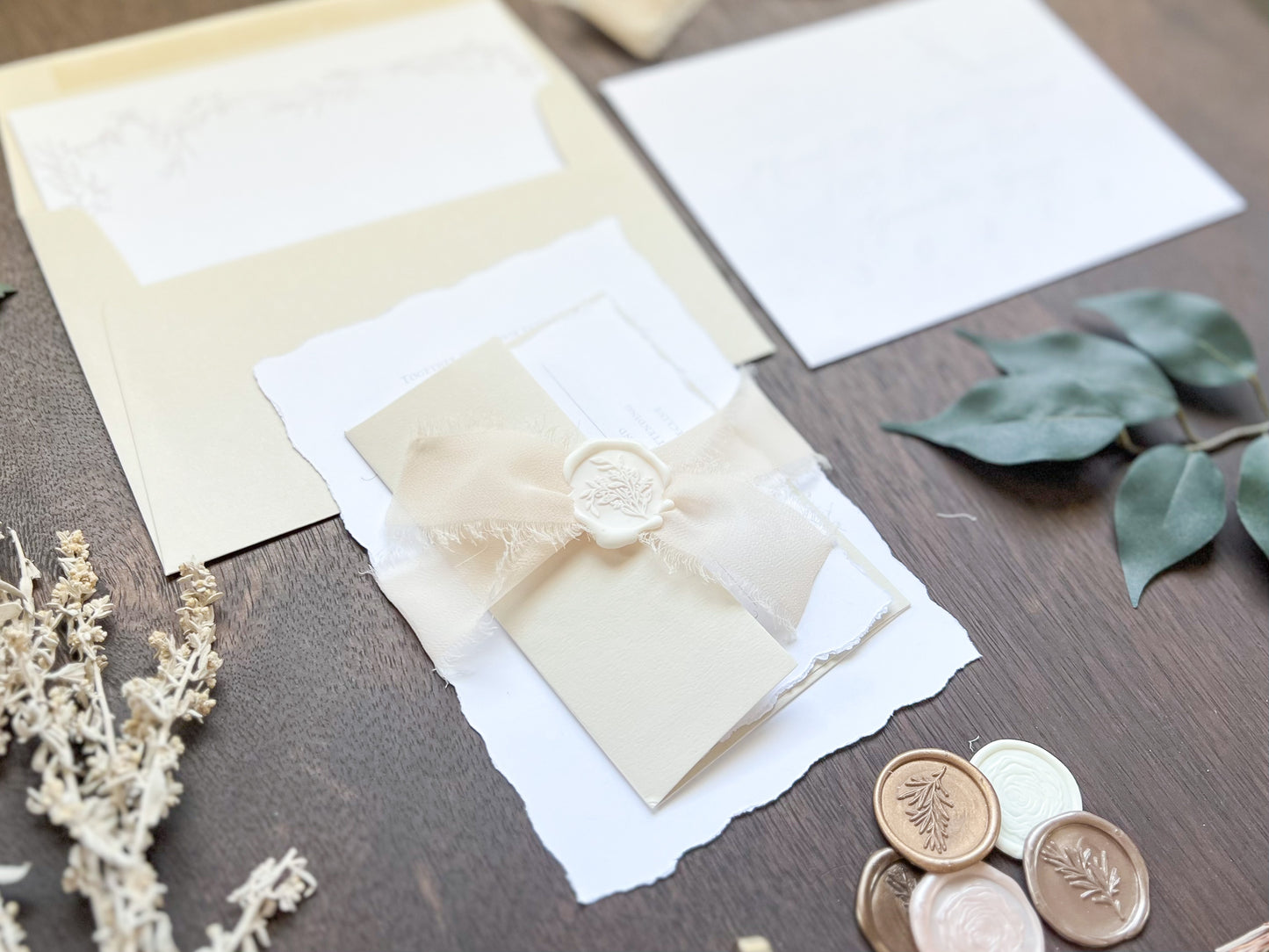 Classic Formal Elegant Wedding Invitation with Deckled Edging, Light Nude Chiffon Ribbon & White Wax Seal