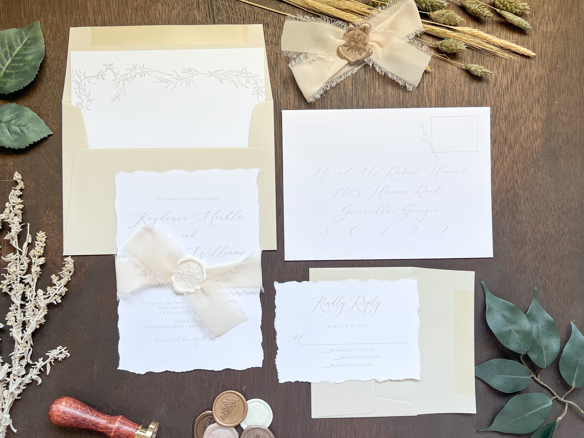 Classic Formal Elegant Wedding Invitation with Deckled Edging, Light Nude Chiffon Ribbon & White Wax Seal