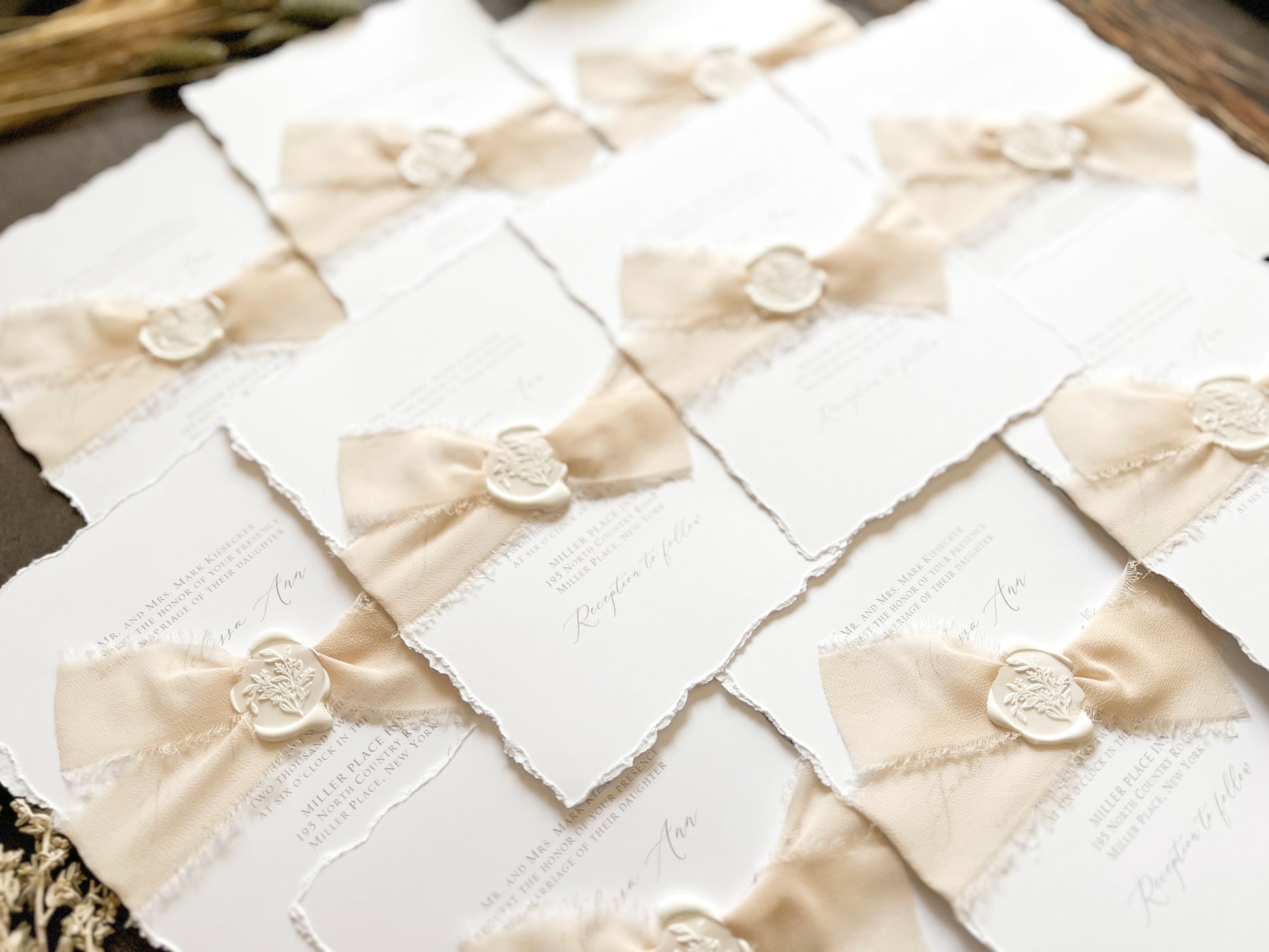 Classic Formal Elegant Wedding Invitation with Deckled Edging, Light Nude Chiffon Ribbon & White Wax Seal