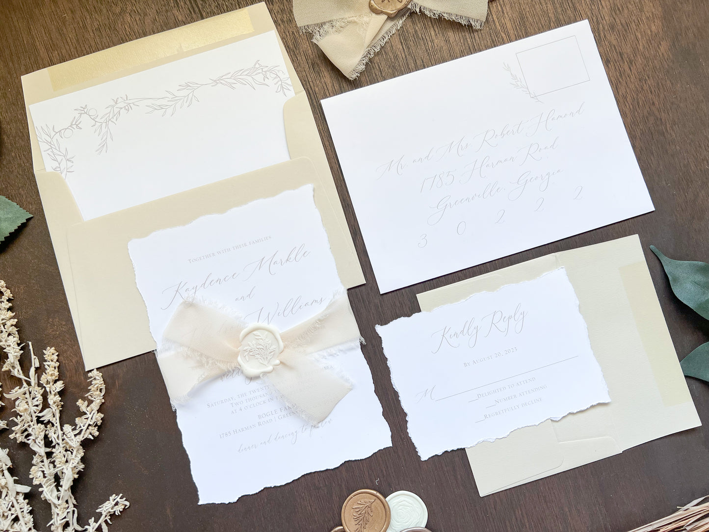 Classic Formal Elegant Wedding Invitation with Deckled Edging, Light Nude Chiffon Ribbon & White Wax Seal