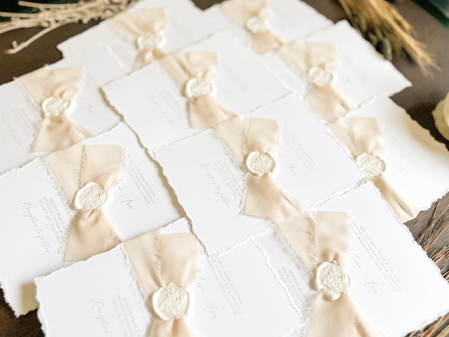 Classic Formal Elegant Wedding Invitation with Deckled Edging, Light Nude Chiffon Ribbon & White Wax Seal