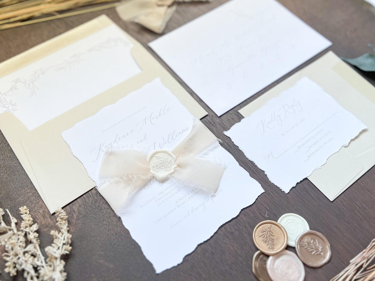 Classic Formal Elegant Wedding Invitation with Deckled Edging, Light Nude Chiffon Ribbon & White Wax Seal