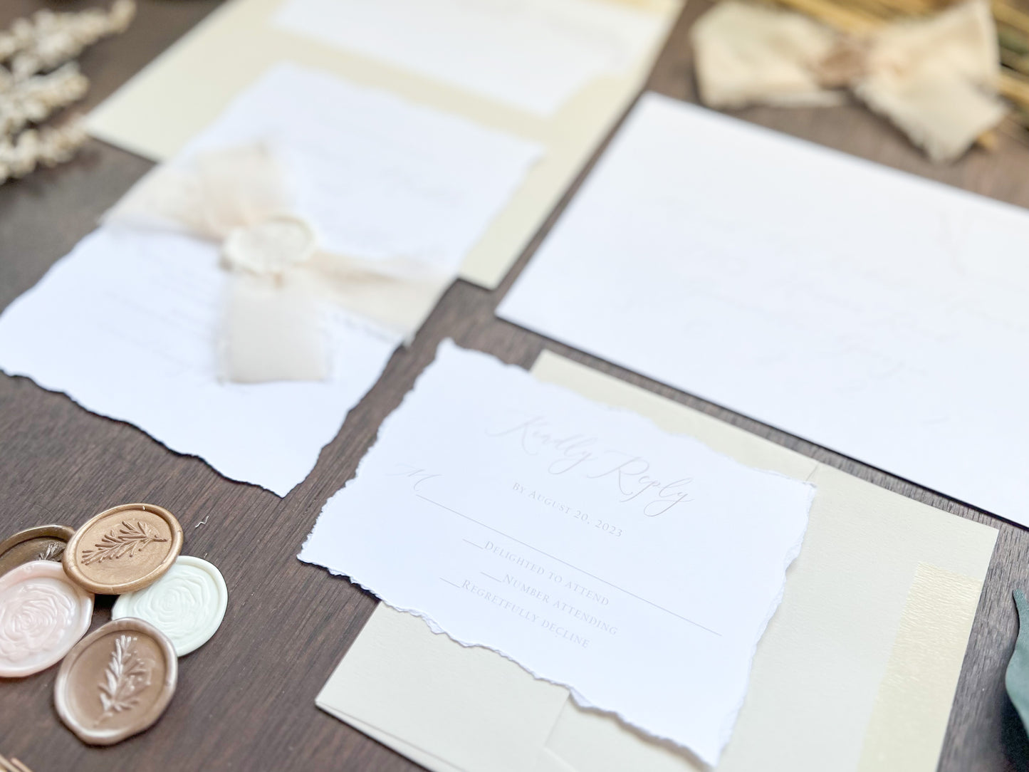 Classic Formal Elegant Wedding Invitation with Deckled Edging, Light Nude Chiffon Ribbon & White Wax Seal