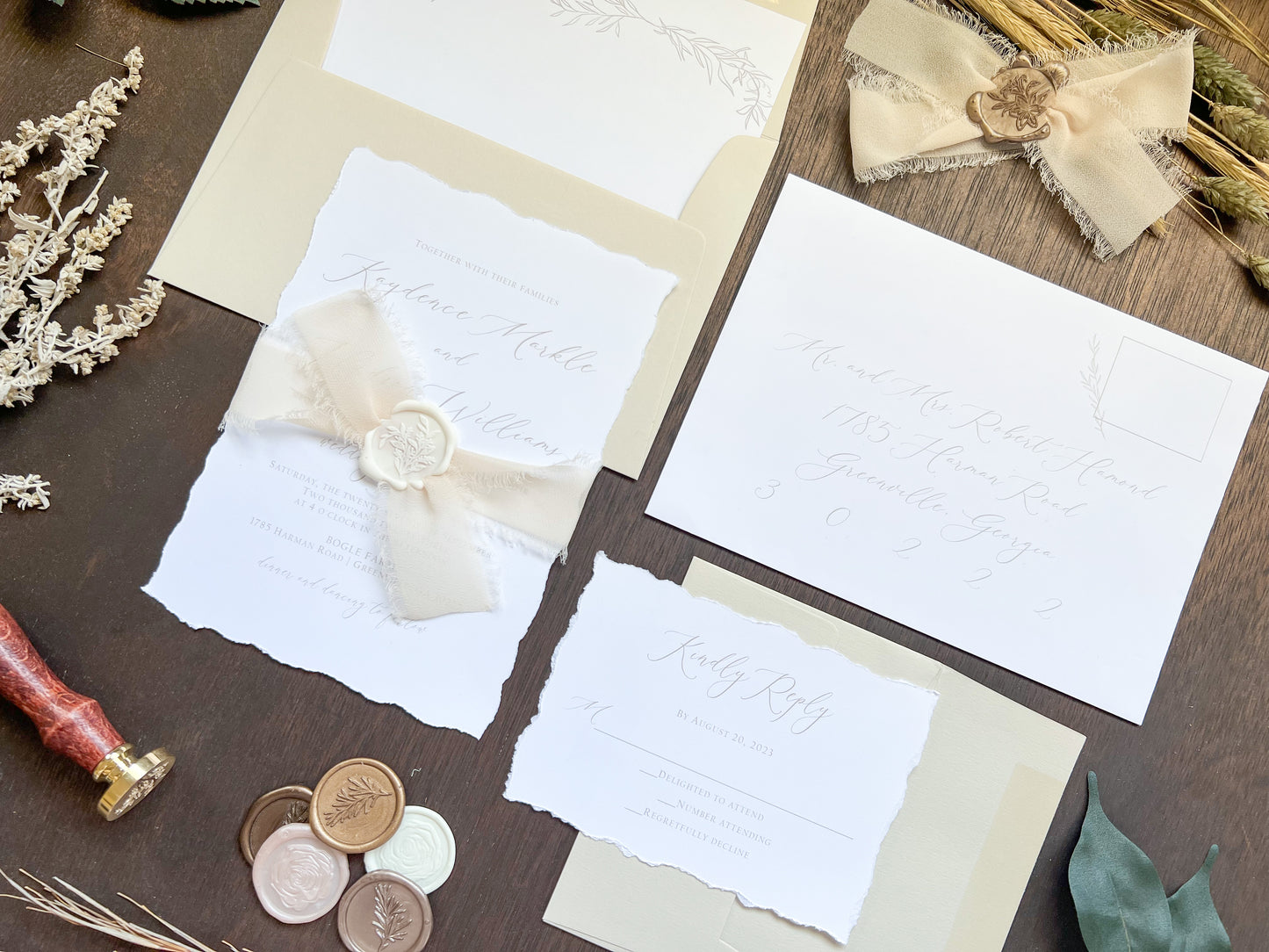 Classic Formal Elegant Wedding Invitation with Deckled Edging, Light Nude Chiffon Ribbon & White Wax Seal
