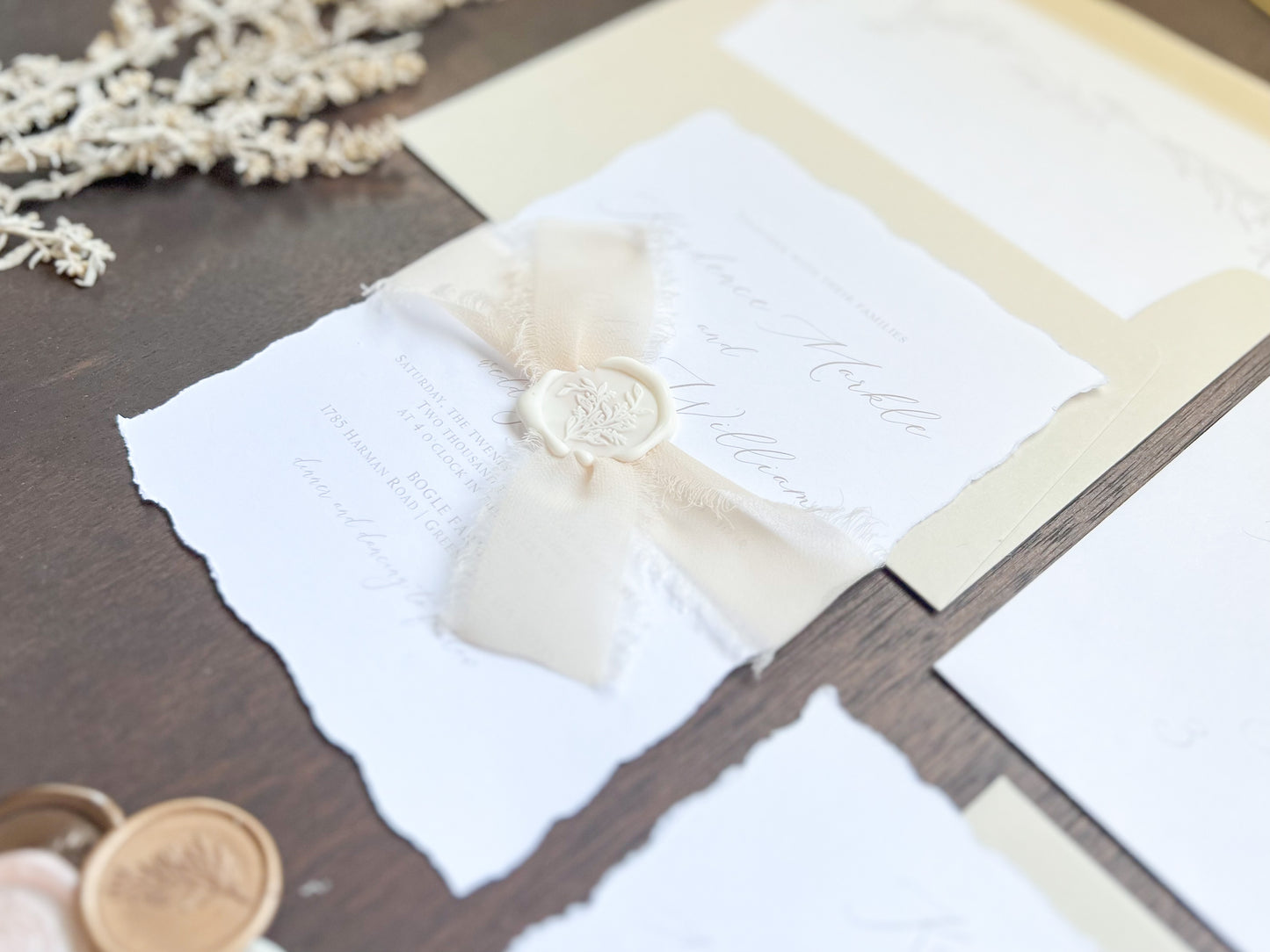 Classic Formal Elegant Wedding Invitation with Deckled Edging, Light Nude Chiffon Ribbon & White Wax Seal
