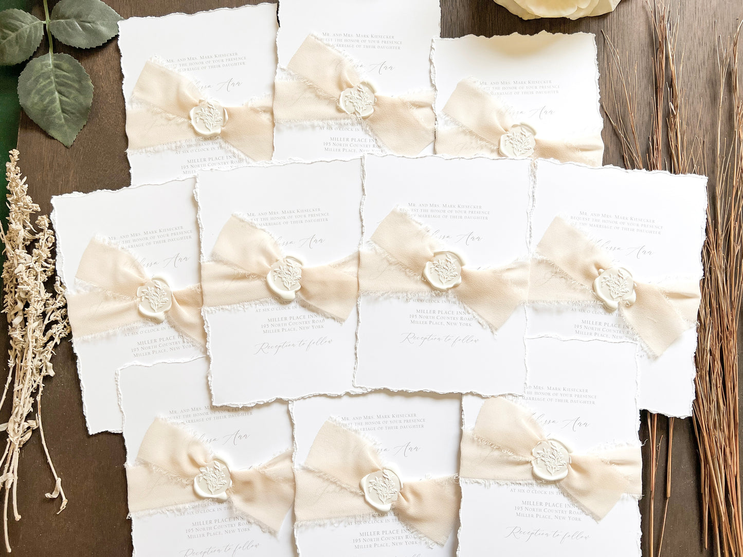 Classic Formal Elegant Wedding Invitation with Deckled Edging, Light Nude Chiffon Ribbon & White Wax Seal
