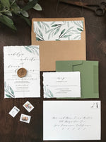 Deckled Edge Wedding Invitation with Wax Seal and Greenery