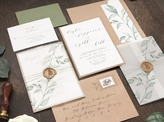 Wax Seal Vellum Wedding Invitation with Greenery and Thread