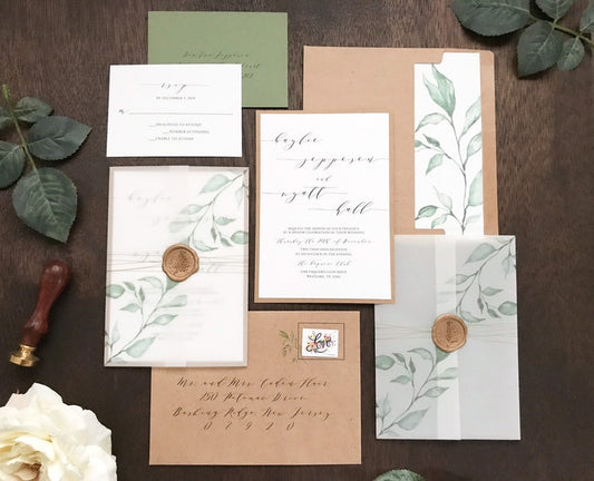 Wax Seal Vellum Wedding Invitation with Greenery and Thread