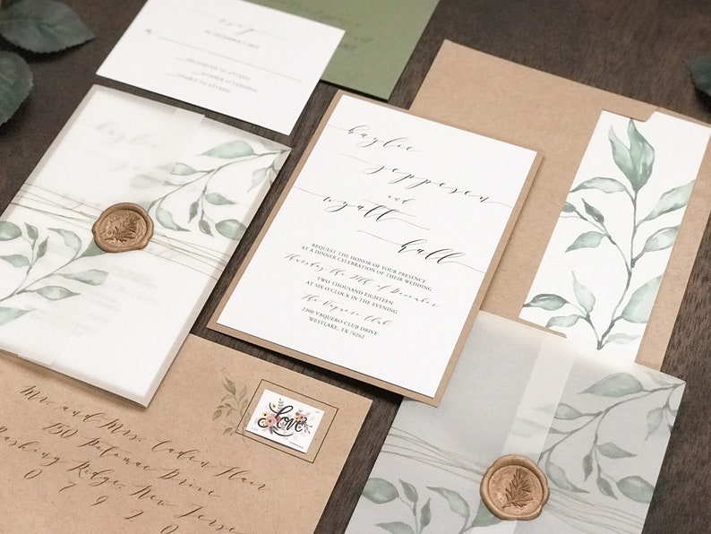 Greenery Vine Vellum Wedding Invitation with Wax Seal and Thread