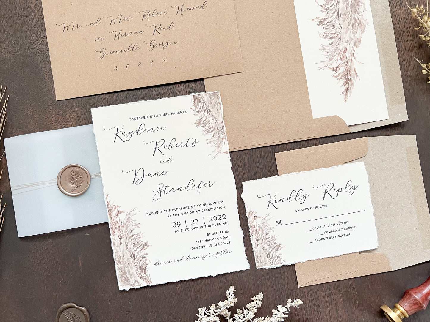 Pampas Grass Wedding Invitation with Deckled Edging, Vellum, & Wax Seal