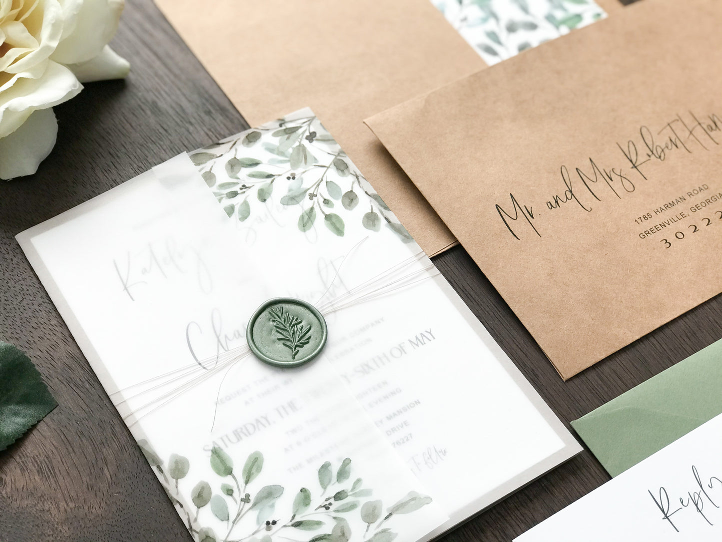 Wedding Invitation with Watercolor Greenery, Wax Seal & Vellum