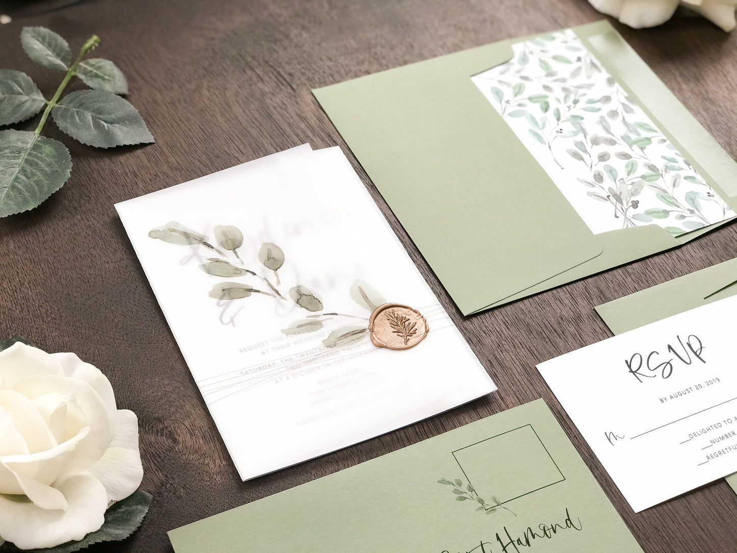Greenery Wax Seal Vellum Wedding Invitation