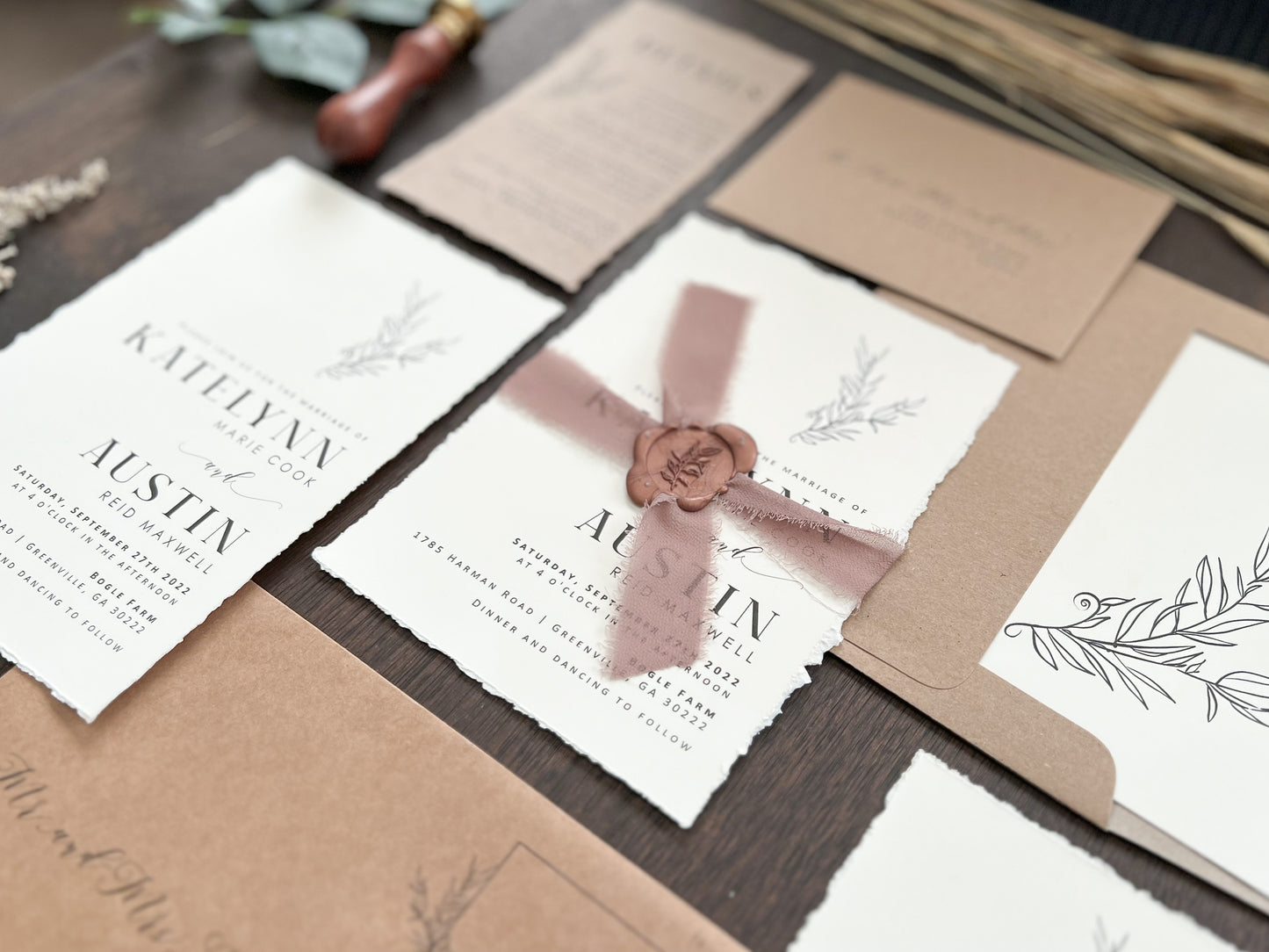 Rustic Elegant Boho Wedding Invitation with Deckled Edging, Dark Nude Ribbon & Copper Wax Seal