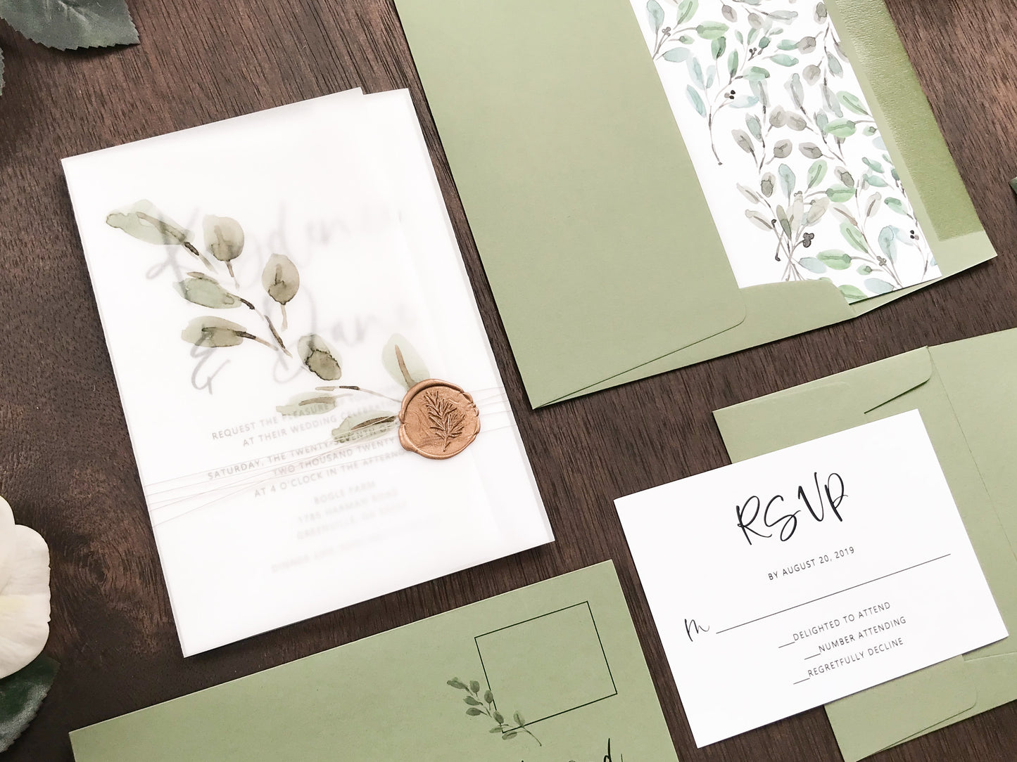 Greenery Wax Seal Vellum Wedding Invitation