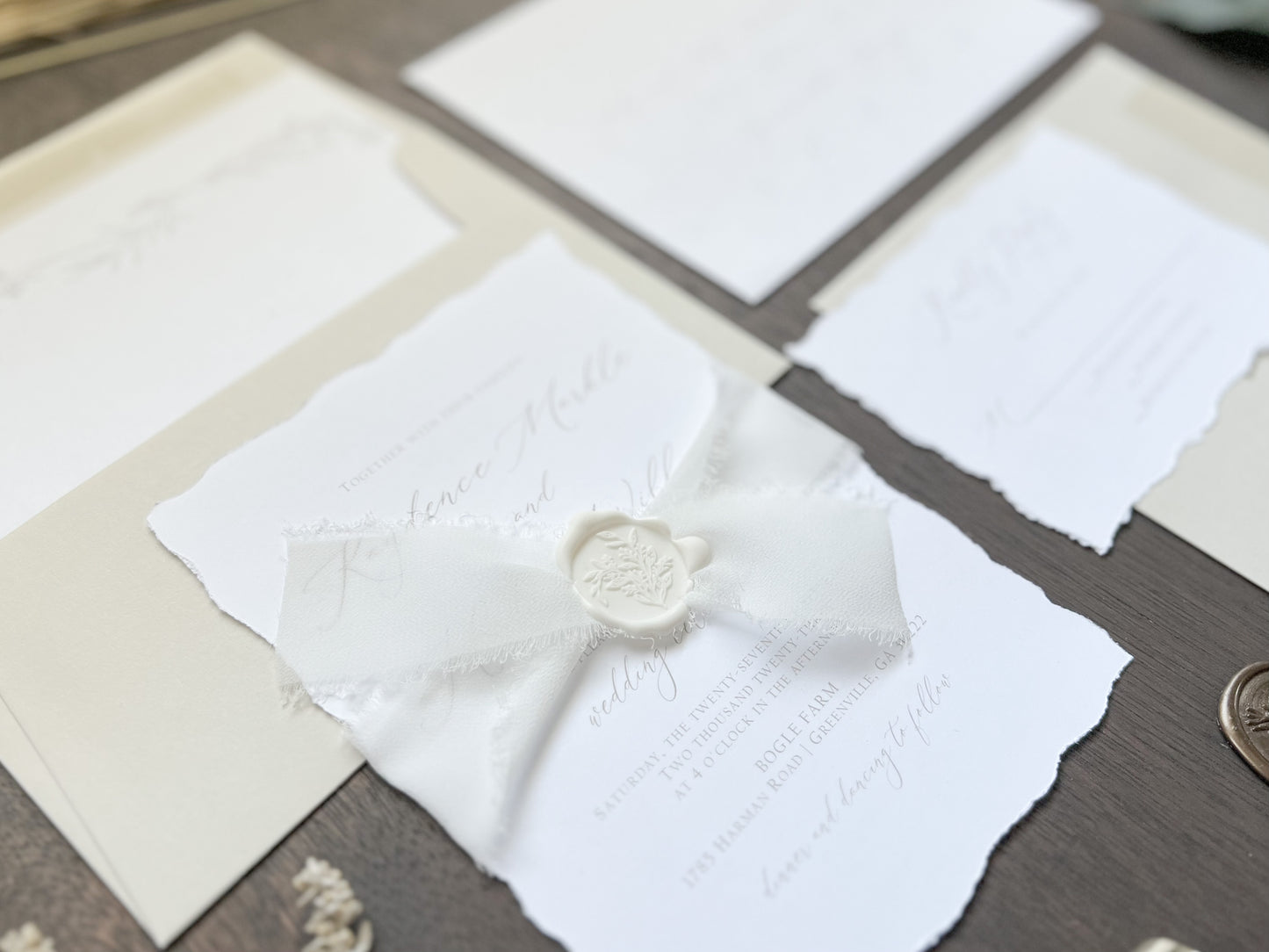 Classic Elegant Wedding Invitation with Deckled Edging, White Chiffon Ribbon & White Botanical Wax Seal
