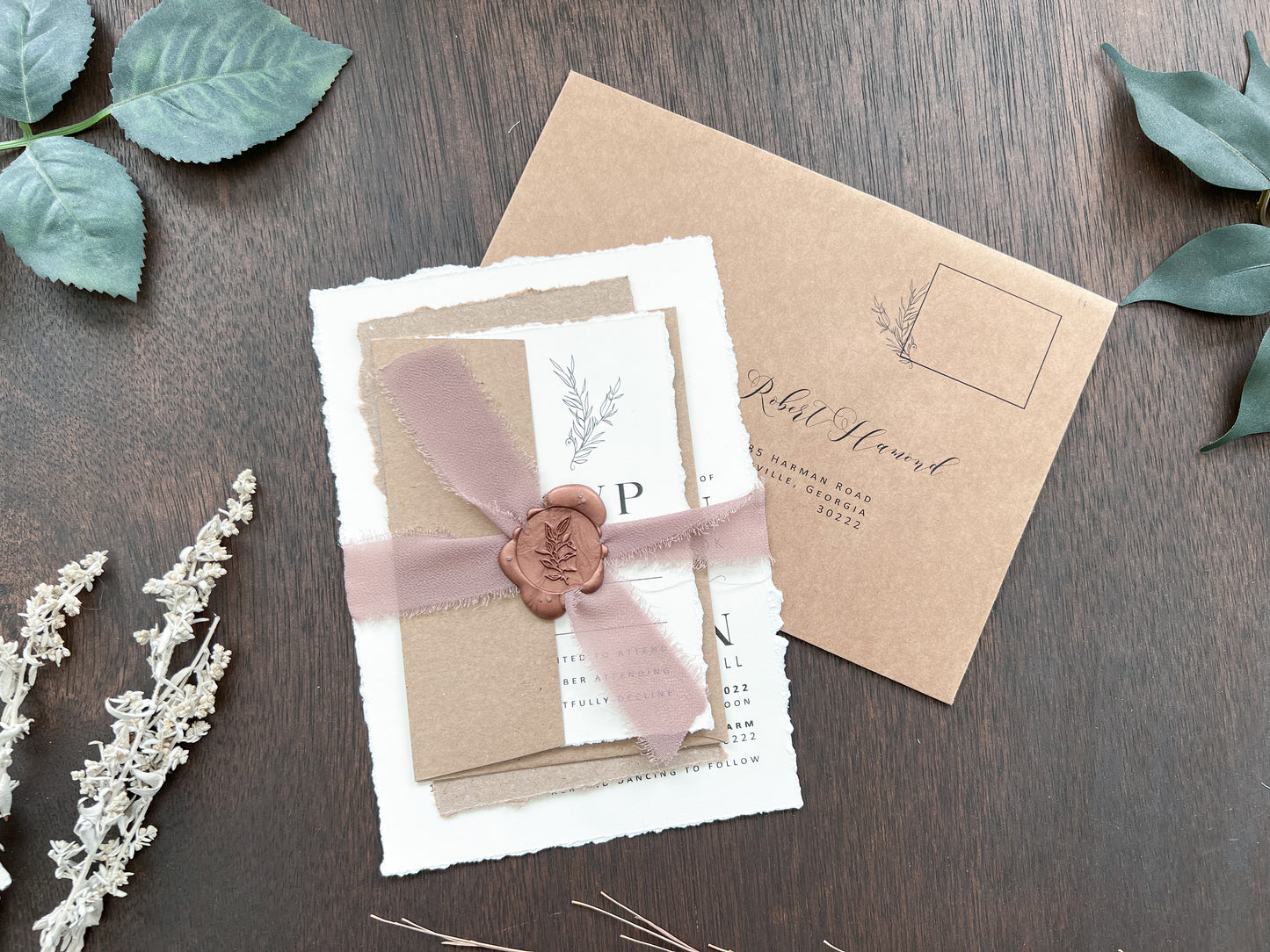 Rustic Elegant Boho Wedding Invitation with Deckled Edging, Dark Nude Ribbon & Copper Wax Seal