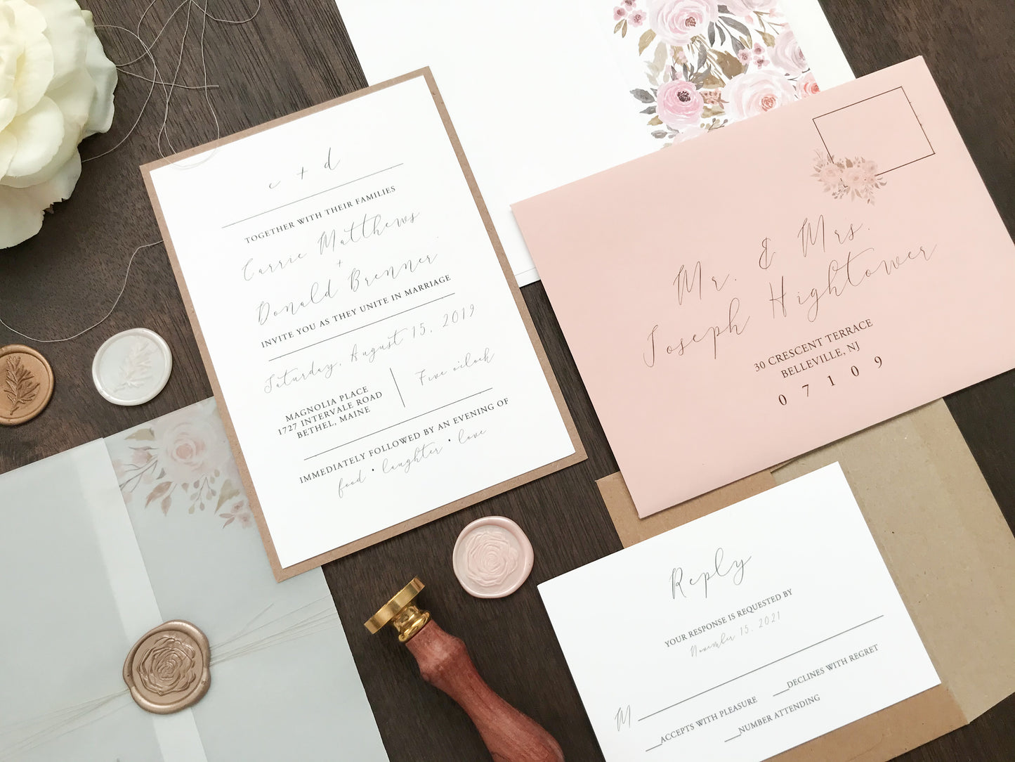 Muted Blush Pink and Floral Wedding Invitation with Vellum and Wax Seal