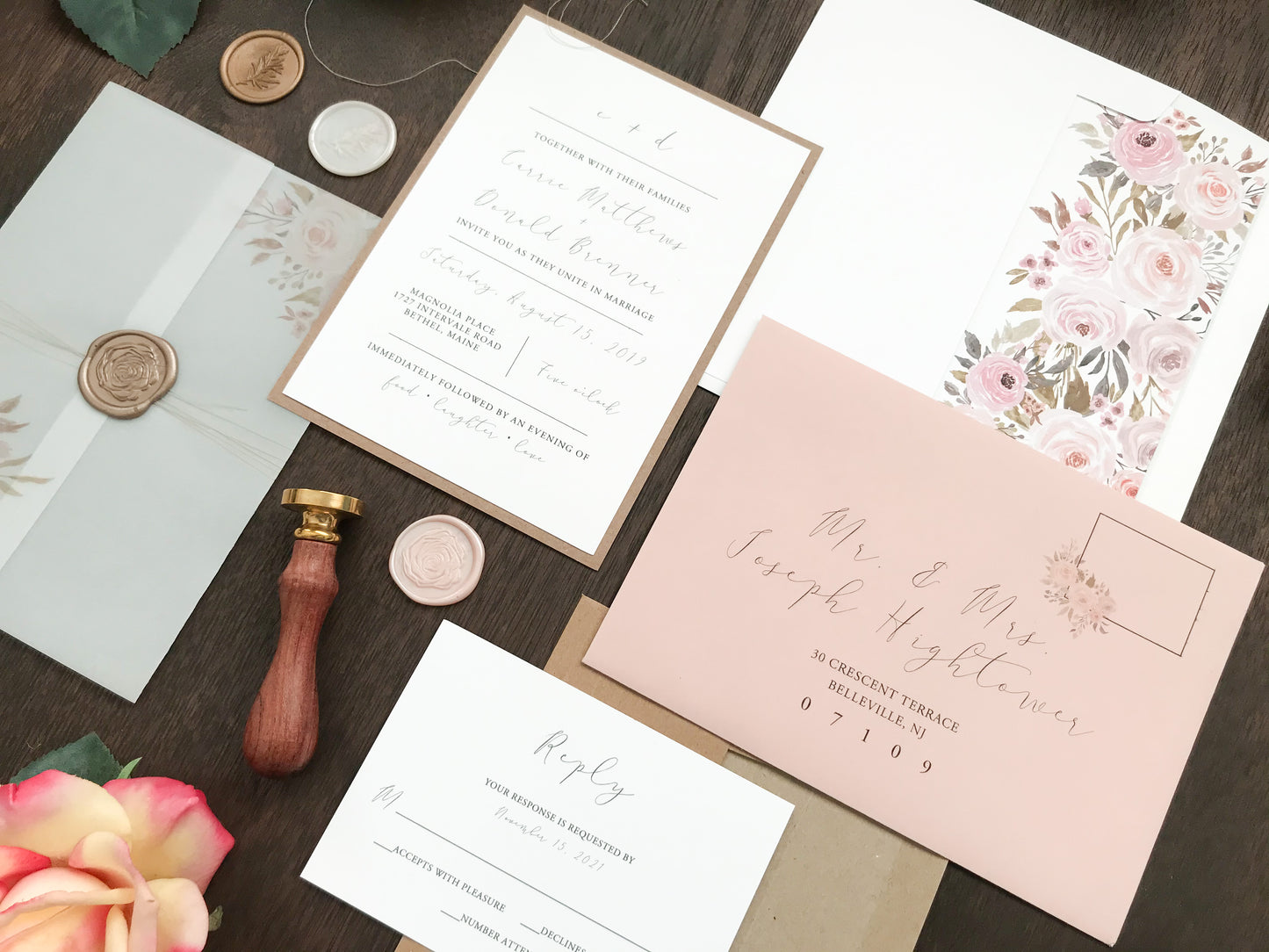 Muted Blush Pink and Floral Wedding Invitation with Vellum and Wax Seal