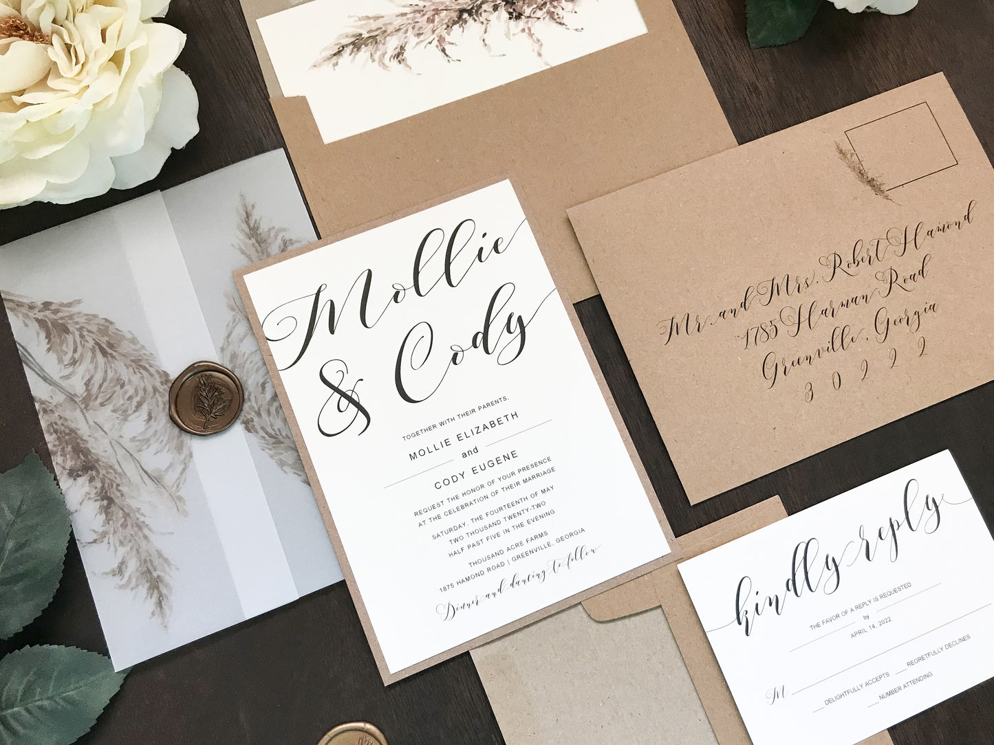 Vellum Wedding Invitation with Pampas Grass & Wax Seal