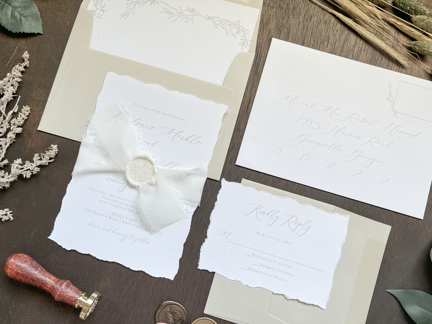 Classic Elegant Wedding Invitation with Deckled Edging, White Chiffon Ribbon & White Botanical Wax Seal