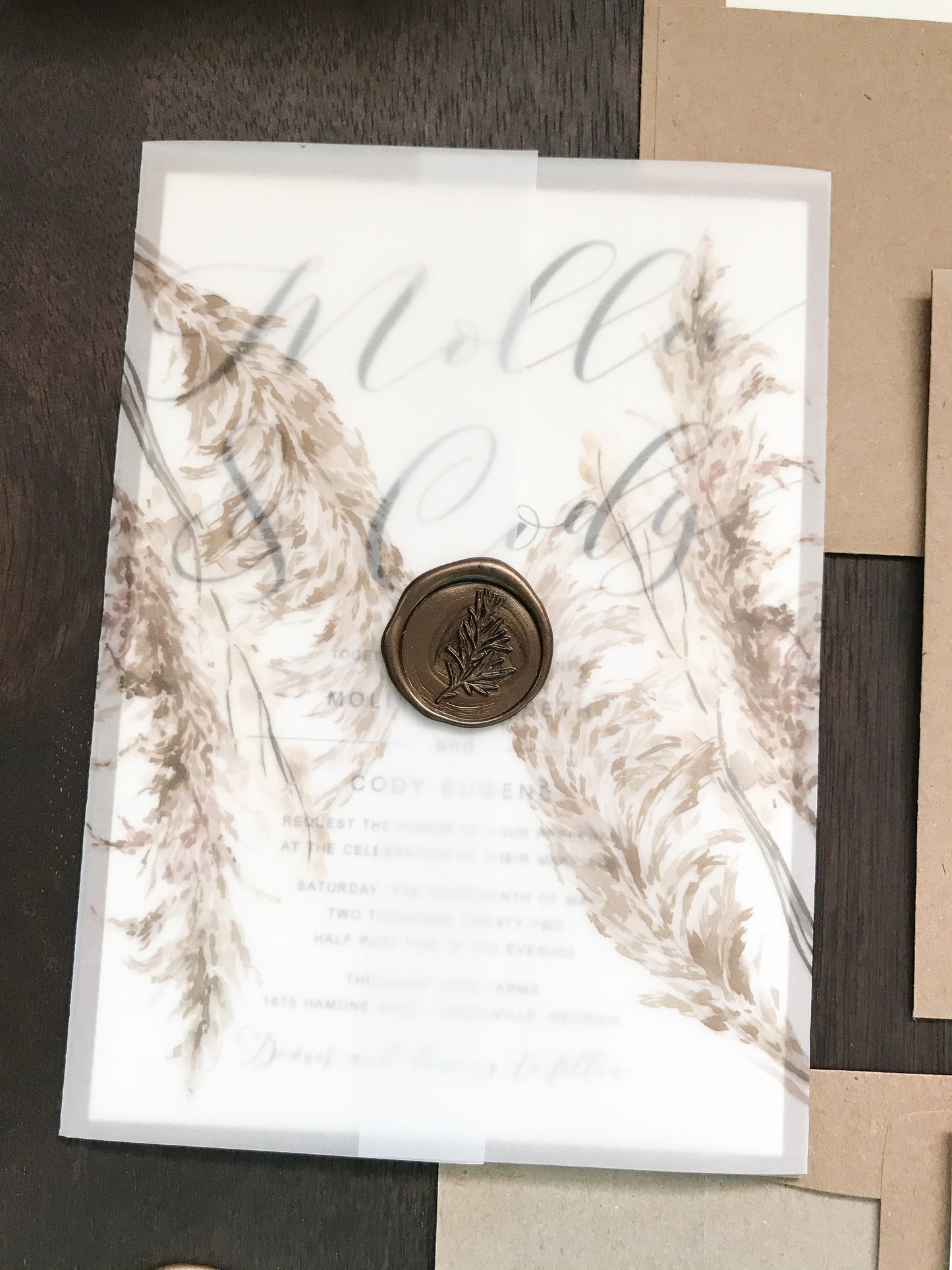 Vellum Wedding Invitation with Pampas Grass & Wax Seal