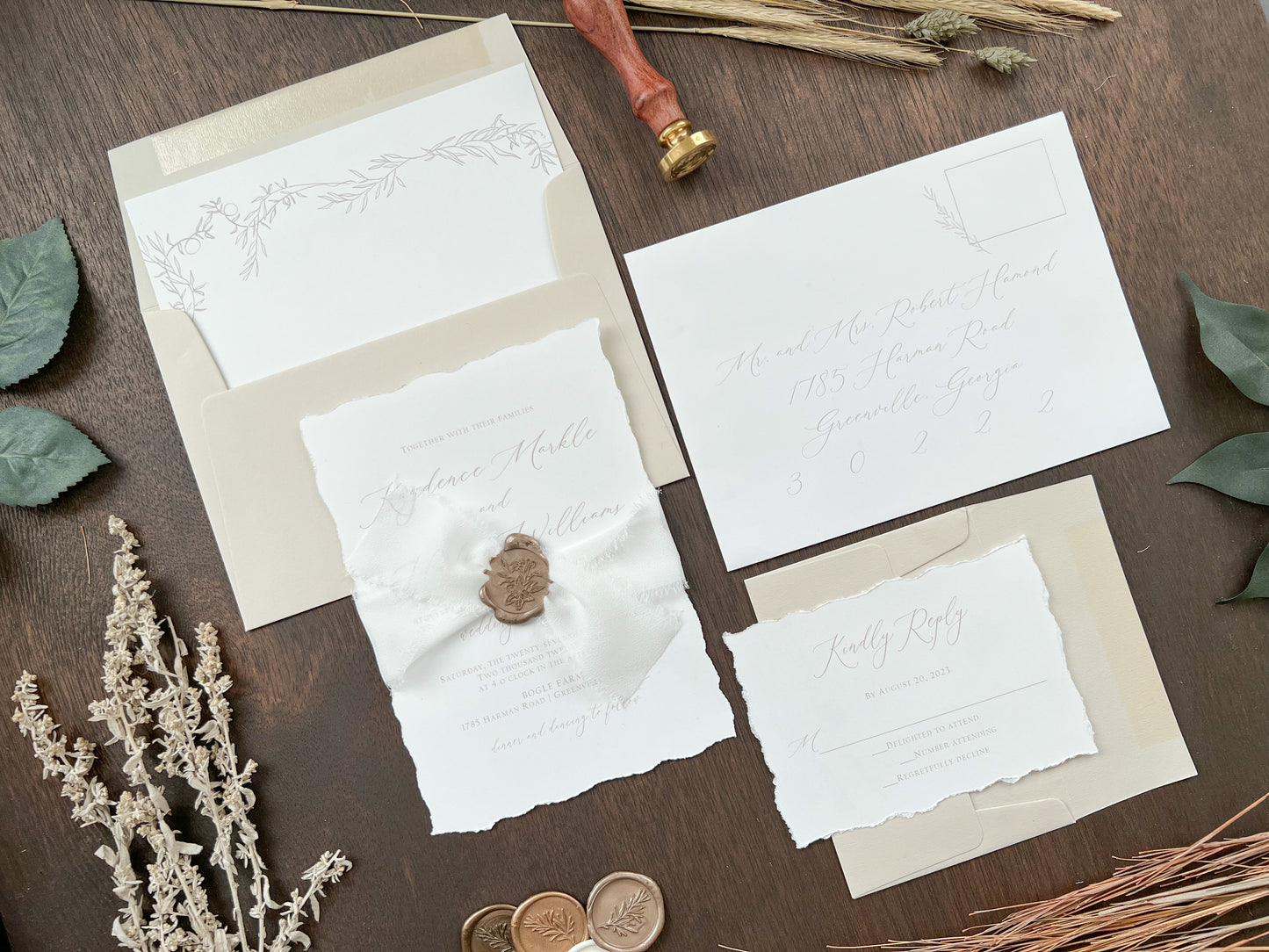 Classic Elegant Wedding Invitation with Deckled Edging, White Chiffon Ribbon & Wax Seal