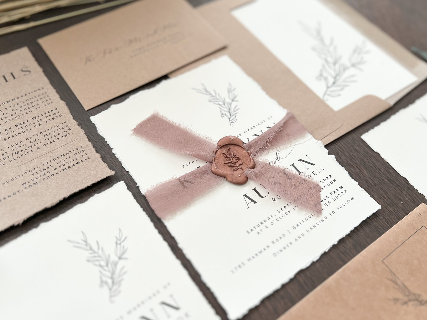 Rustic Elegant Boho Wedding Invitation with Deckled Edging, Dark Nude Ribbon & Copper Wax Seal