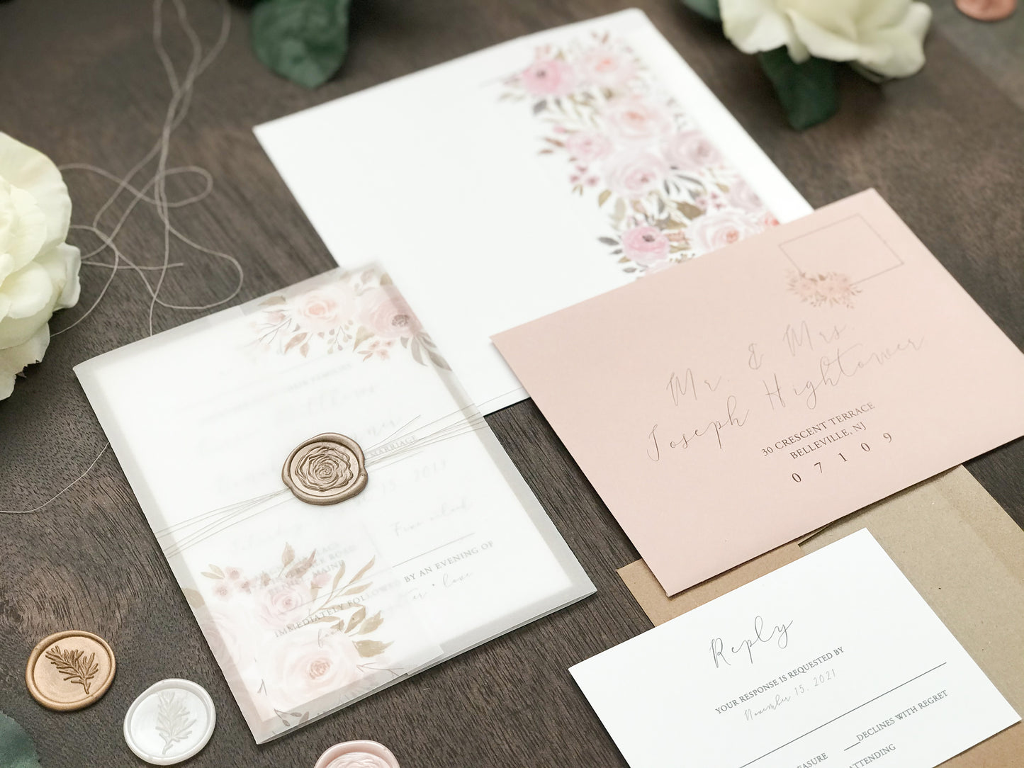 Muted Blush Pink and Floral Wedding Invitation with Vellum and Wax Seal