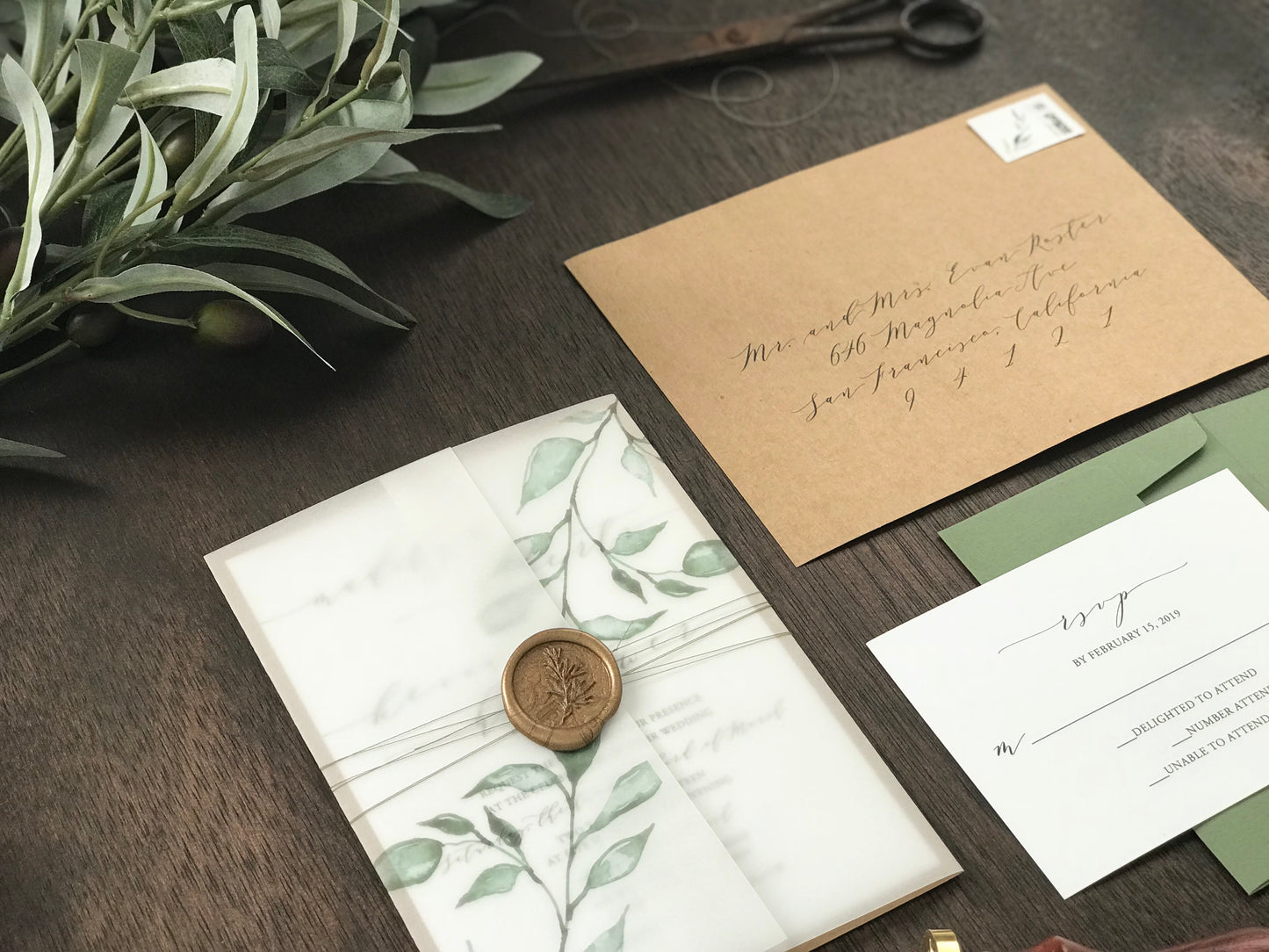 Greenery Vine Vellum Wedding Invitation with Wax Seal and Thread