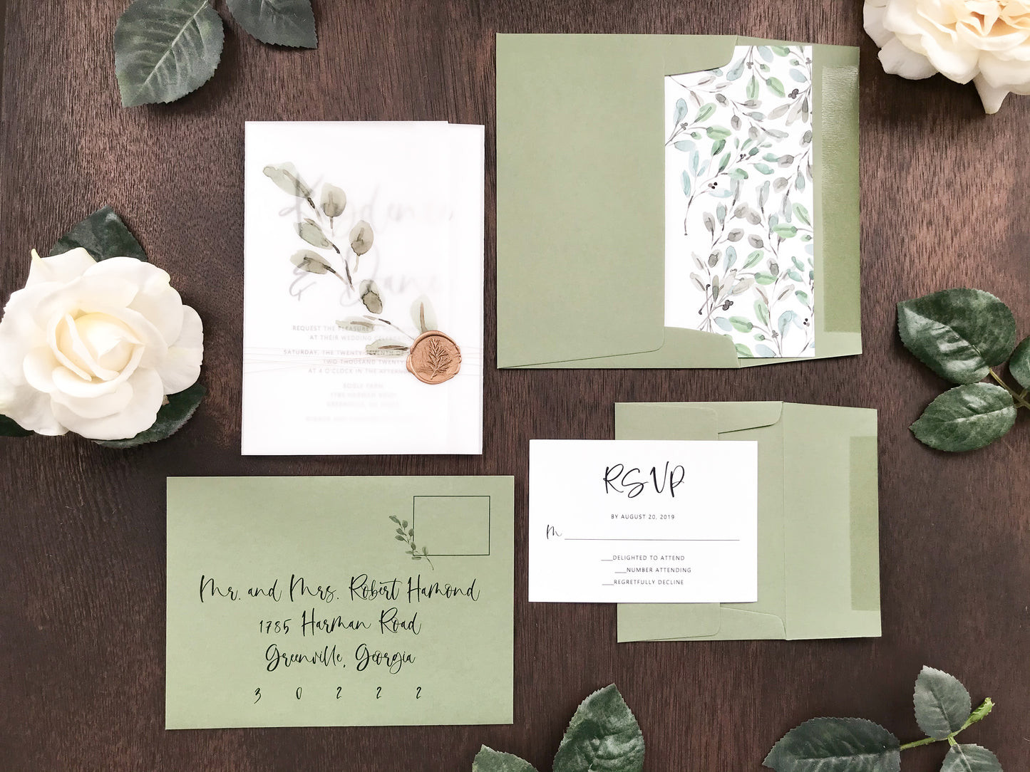 Greenery Wax Seal Vellum Wedding Invitation