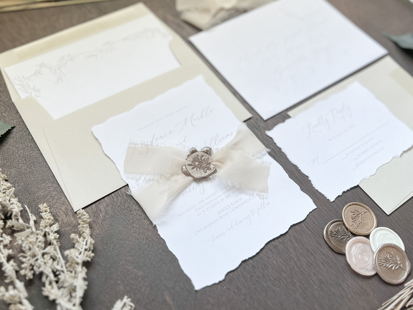 Classy Formal Elegant Wedding Invitation with Deckled Edging, Light Nude Chiffon Ribbon & Wax Seal