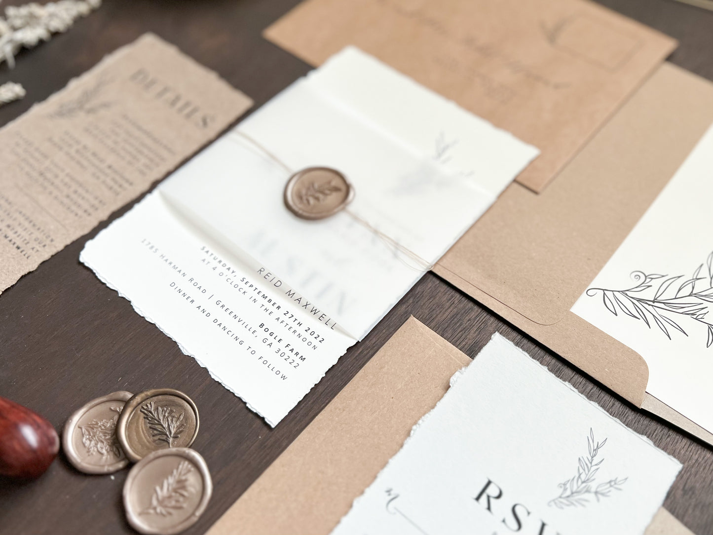 Contemporary Boho Wedding Invitation with Deckled Edging, Vellum Belly Band and Wax Seal
