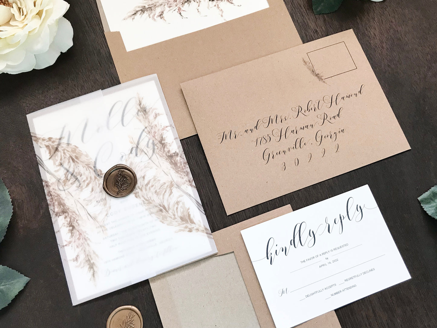 Vellum Wedding Invitation with Pampas Grass & Wax Seal
