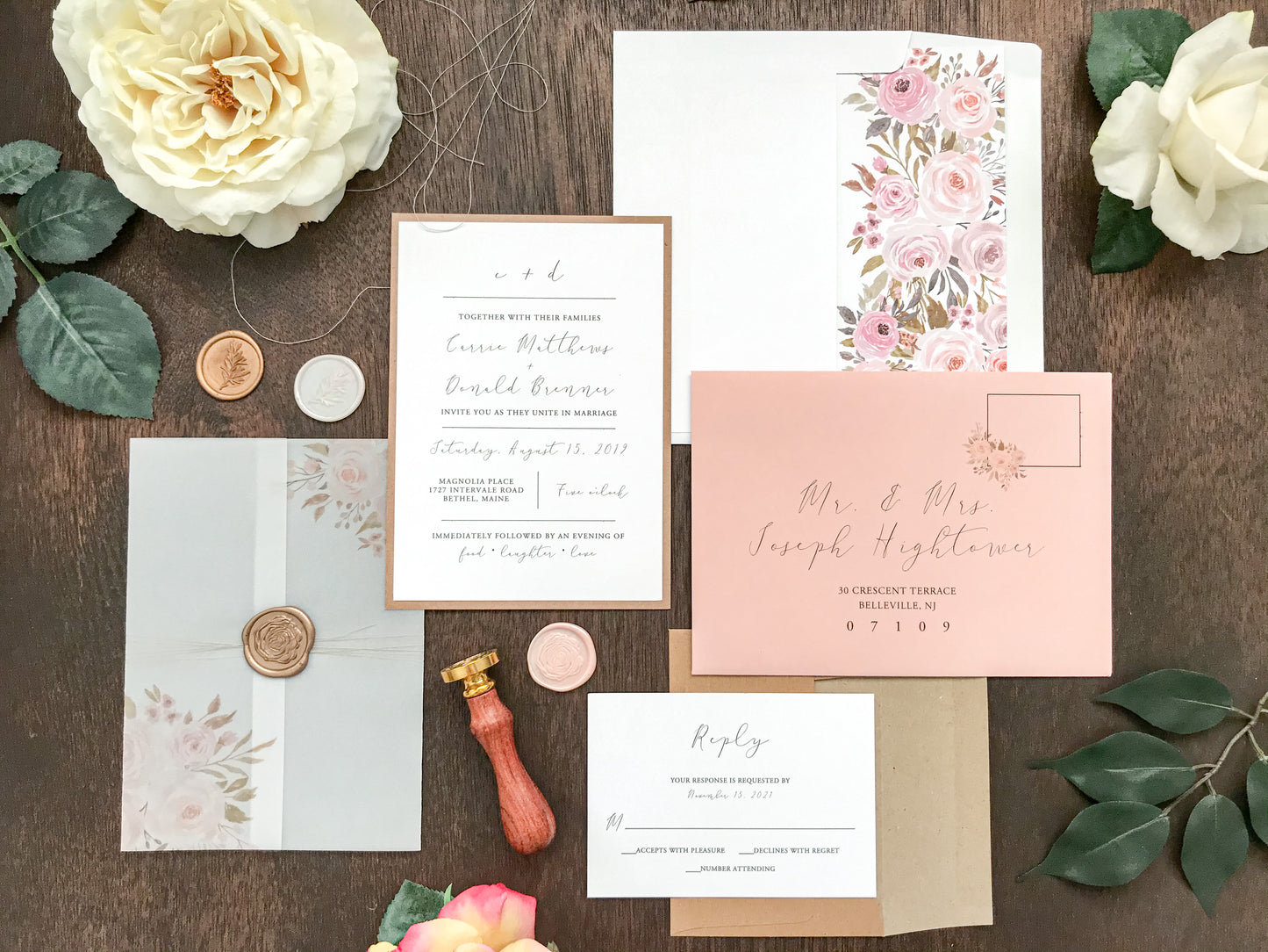 Muted Blush Pink and Neutral Floral Wedding Invitation with Vellum and Wax Seal
