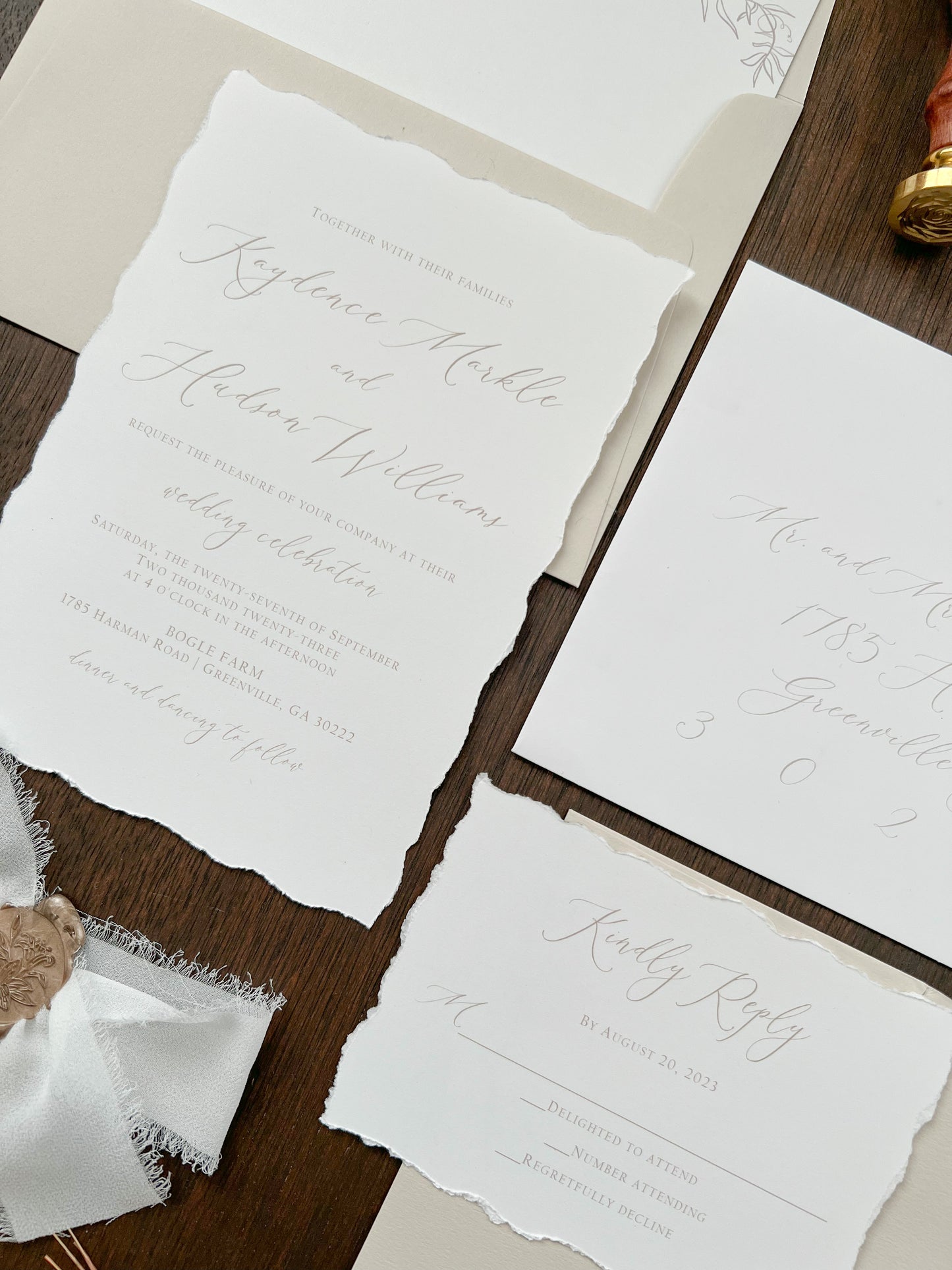 Classic Elegant Wedding Invitation with Deckled Edging, White Chiffon Ribbon & Wax Seal