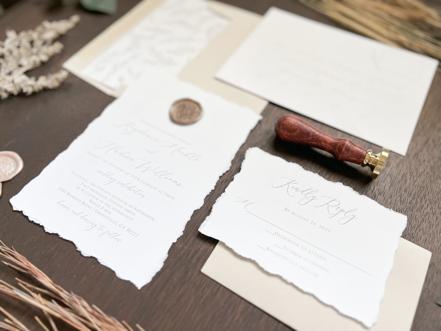 Minimalist Deckled Edge Wedding Invitation with Wax Seal