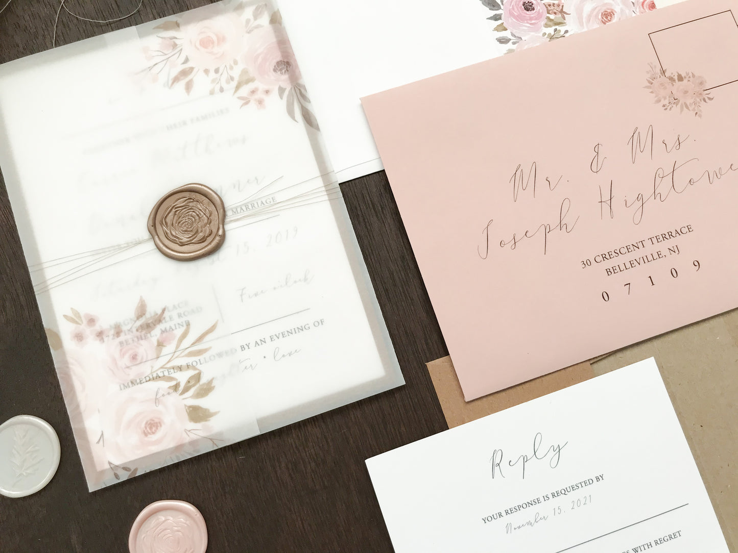 Muted Blush Pink and Floral Wedding Invitation with Vellum and Wax Seal
