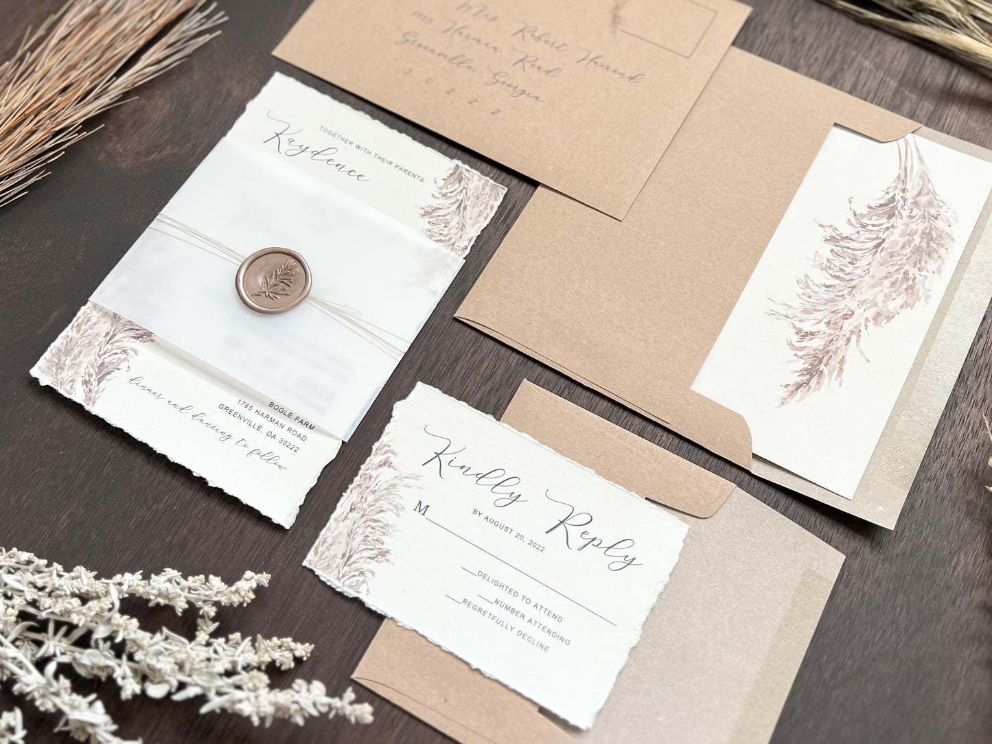 Pampas Grass Wedding Invitation with Deckled Edging, Vellum, & Wax Seal